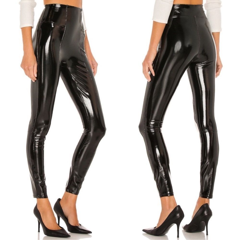 NEW Spanx Faux Patent Leather black high waisted glossy Leggings medium NWT